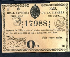 ANTILLAS 1840 Lotería 8 avo del billete Nº 17988 Sorteo 320 del 7/03/1840