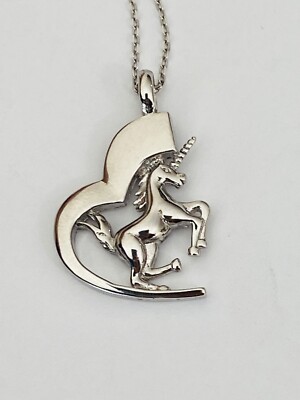 Einzigartiger Sterlingsilber Einhorn Pferd halbes Herz Anhänger Halskette 19 Zoll