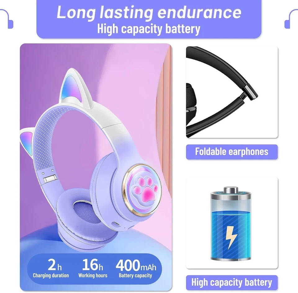 Rigwig Purple Cat Ear Headphones Kids Bluetooth Mic Foldable 25H Gift Girls - Image 4 of 4