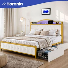 Queen Size Storage Bed Frame w/ 4 Drawers LED Headboard Metal Platform Shelving