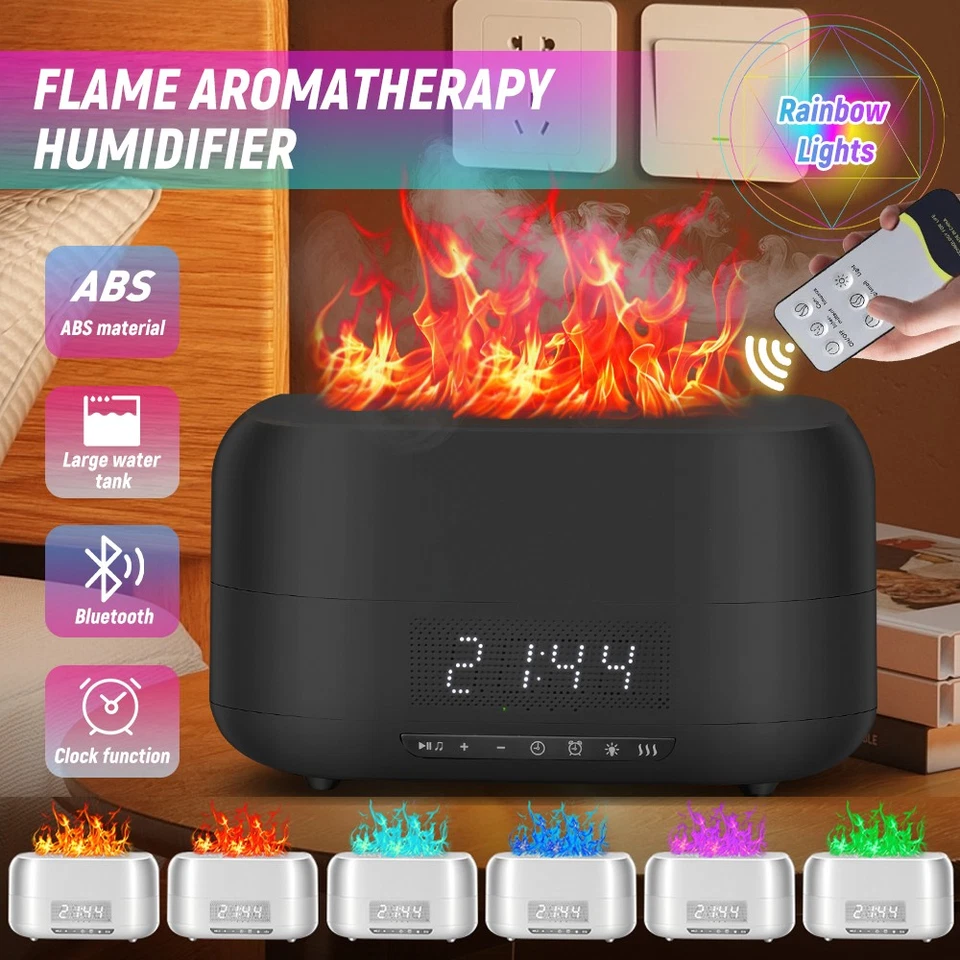 400ml Aroma Diffuser Humidifier Bluetooth Speaker Clock Alarm 7Color Light Flame - Image 2 of 4