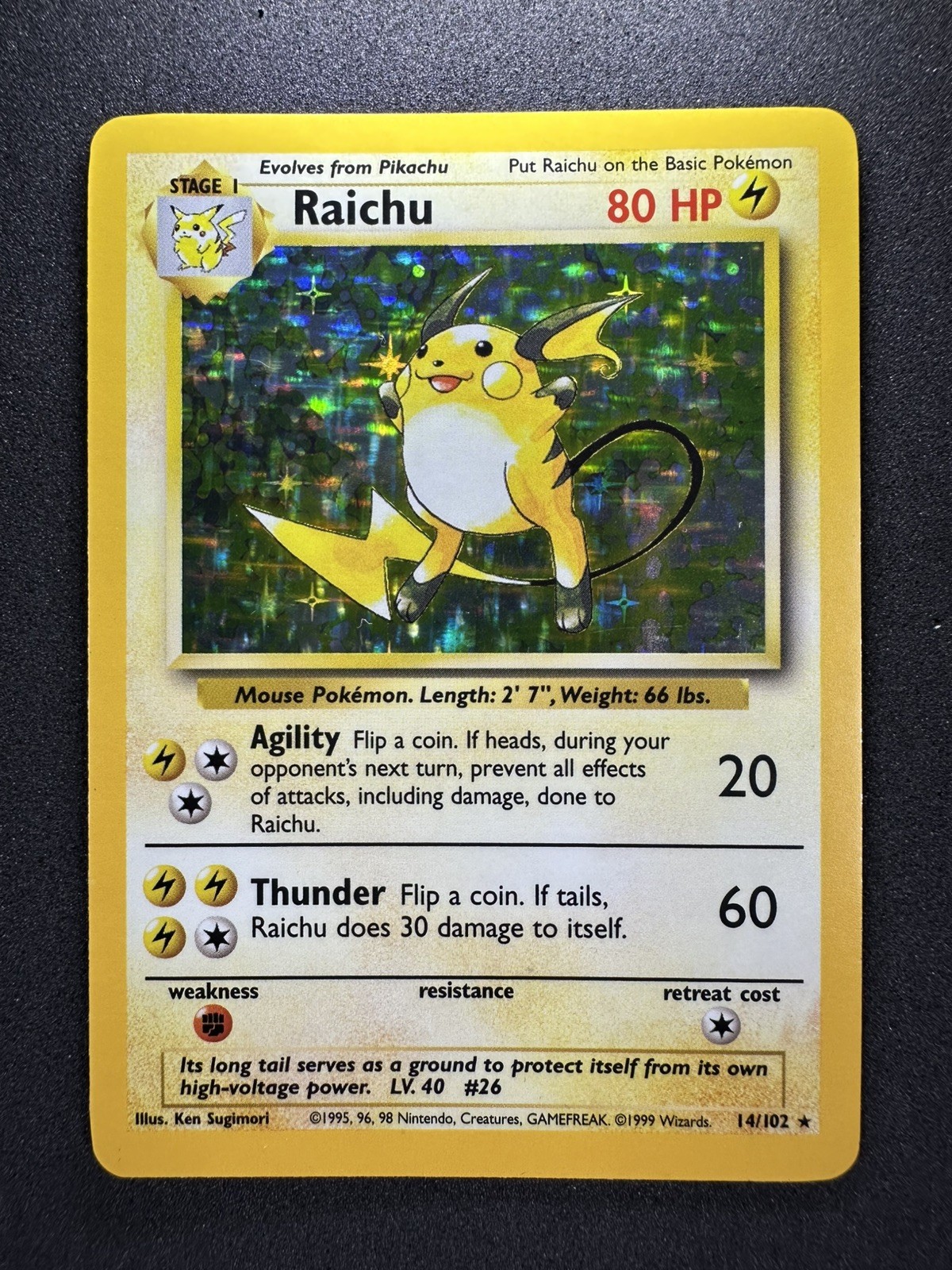 Pokemon Raichu Base Set 14 Unlimited WotC 1999 — Original Owner — Raw LP NM Holo