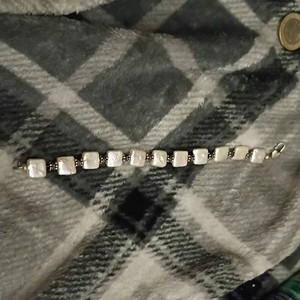 Silver Tone Link Tennis Bracelet Square White Accents Lobster Clasp