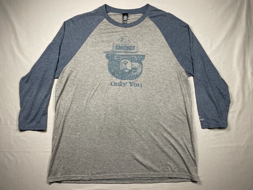 District Made Smokey Bear Men's Grey Blue Crew Neck Cool Raglan T-Shirt Size XL