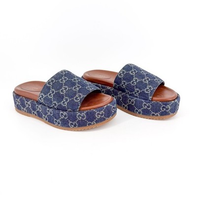 Gucci Angelina GG Denim Platform Slide Sandals Size 38 US 8 Women Monogram Blue