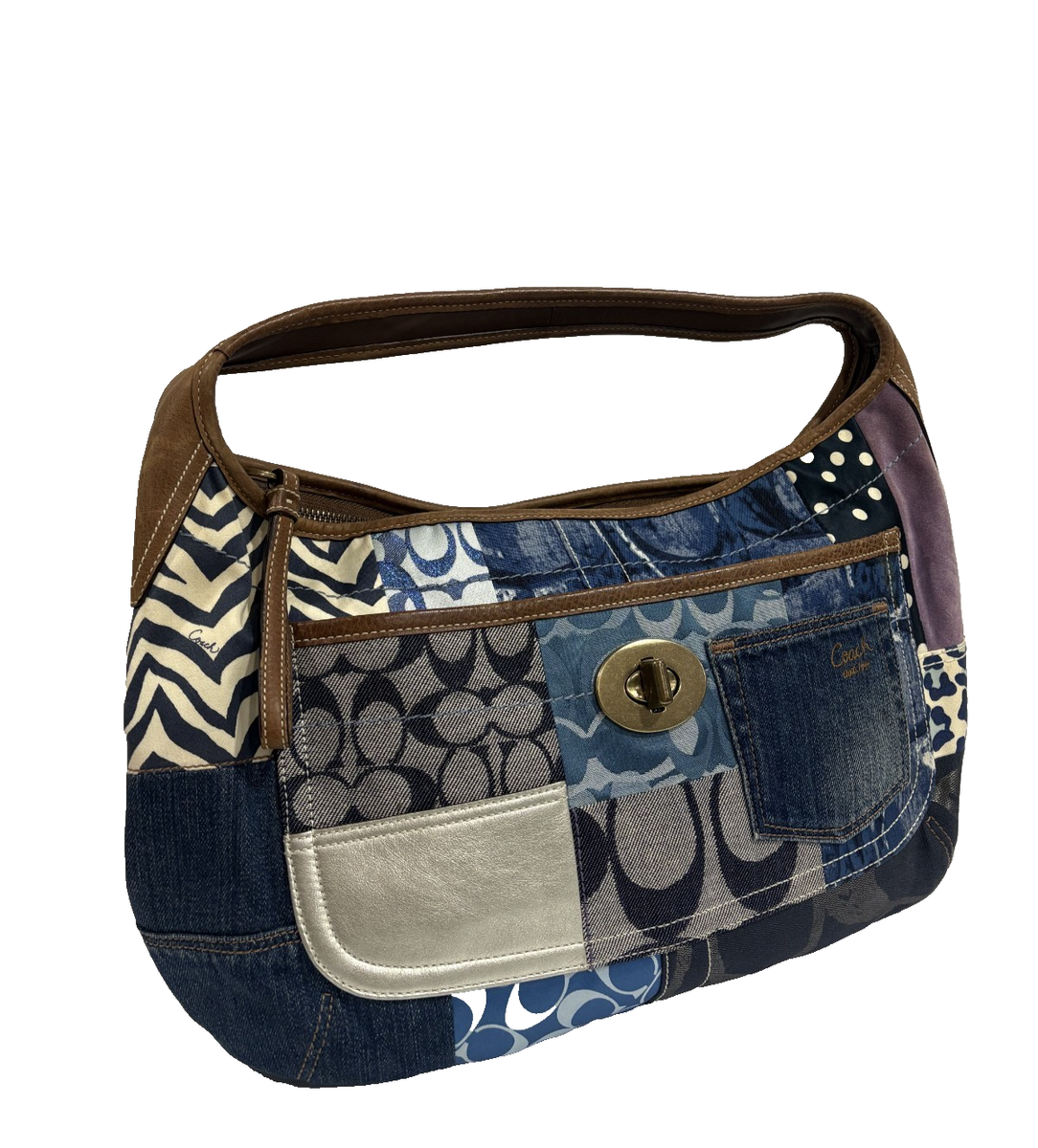 バッグ COACH Signature Denim Patchwork hand bag Coach Patchwork Denim Leather Suede Hobo Shoulder Bag Ergo XL