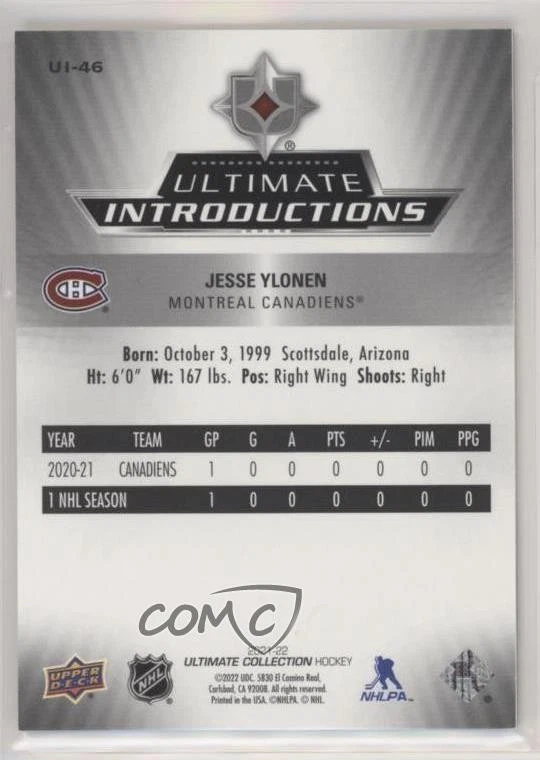 2021 Upper Deck Ultimate Collection Introductions Jesse Ylonen #UI-46 Rookie RC - Image 2 of 2