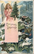 Christmas Angel Greetings-Angel Holding Pine Tree Crawford Vintage Postcard