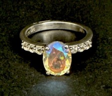 Sterling Silver Beautiful Synthetic Fire Opal With Clear Stones Ring Size 7