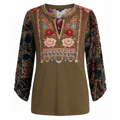John Mark Womens Olive Green Embroidered Patchwork Boho Tunic Shirt Size M - AC
