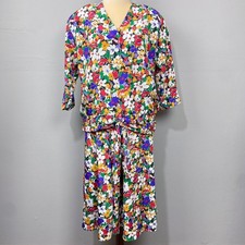 Vintage Cos Cob Floral Dress Size L Colorful Flowers Tie Waist Retro 2 Piece Set