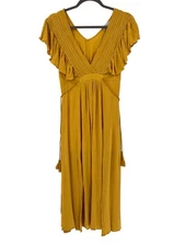 BALTIC BORN Women's Mustard Yellow Deep V-Neck Ruffle Cap Sleeve Maxi Dress XS