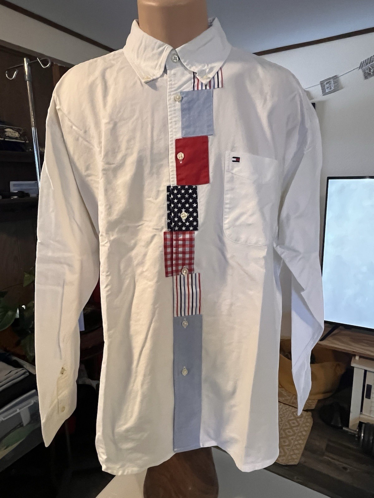 Rare! 1990S Patchwork Tommy Hilfiger Button Up Me… - image 1