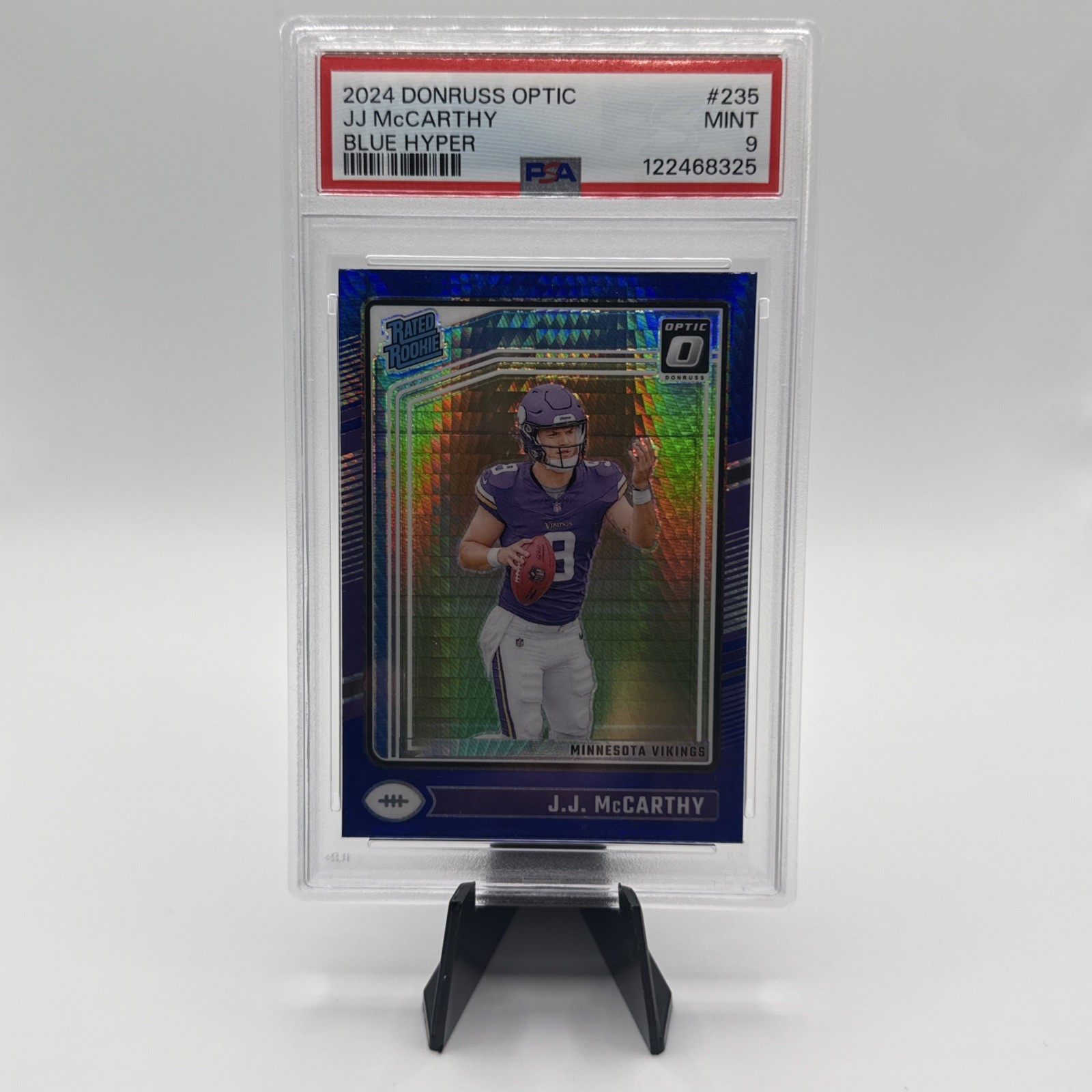 2024 Donruss Optic J.J. McCarthy Blue Hyper Rated Rookie #235 Vikings PSA 9