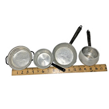 VTG MCM 4 piece Set of Mixed Metal Toy Pots and Pans 2 pans, 2 pots, No Lids
