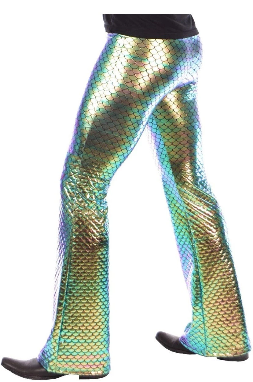 Funstigators Festival Clothing: Holographic Green Gold Merman Flare Leg Pant