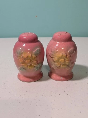 Vintage Hull Pink Sunglow Pottery Salt & Pepper Shakers Floral