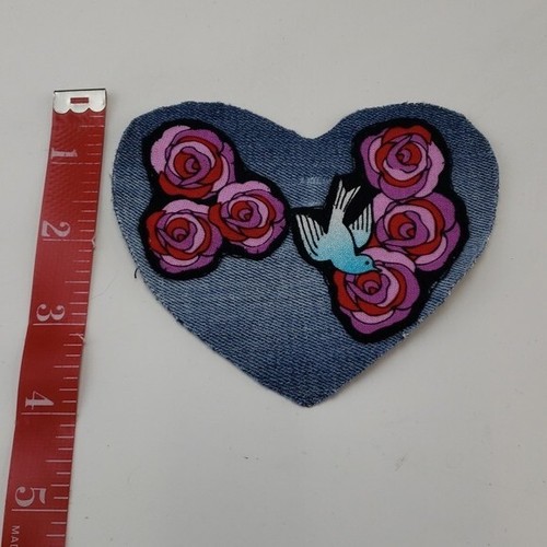 Heart Shaped Denim Sew On Patch Roses and a Dove Upcycled Patch - Picture 3 of 4