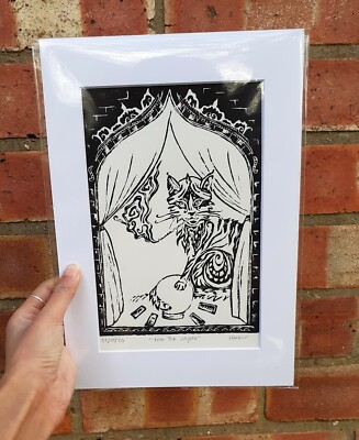 Schöner Mystic Cat Linoprint Original mit A4 Montierung mit dem Titel ''Into The Mystic''