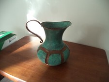 VINTAGE HAND MADE WITH FORGED HANDLE SOLID COPPER WATER PITCHER PAINTED GREEN
