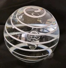 Art Glass Paperweight, Bubble With White Swirl 4”