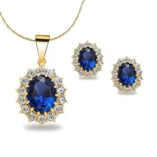 18K Yellow Gold Created Blue CZ Round 1 Carat Oval Necklace Plated 18 Inch