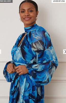 Midi Dress Feather Print Tie Back Wallos Blue Nave Size 12 M RRP£95