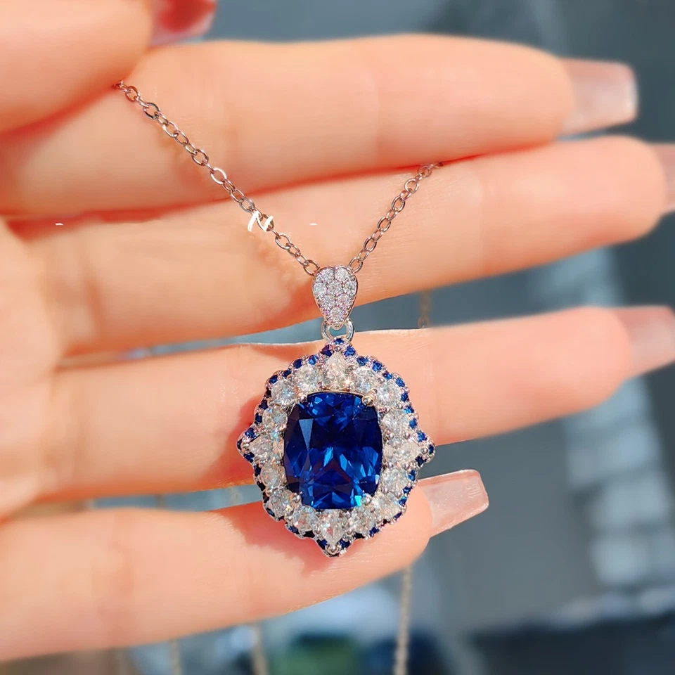 NEW Charm Spinel Blue Topaz Gemstone Luxury Women Girl Silver Necklace Pendant - Image 3 of 4