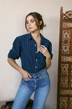 Mille Resort Travel Sofia Greenwich Stripe Navy Blue Button Down New Sz XS $158