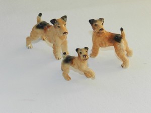 VTG PORCELAIN BONE CHINA WIRE HAIRED FOX TERRIER DOGS 3pc FIGURINES 2" DOLLHOUSE