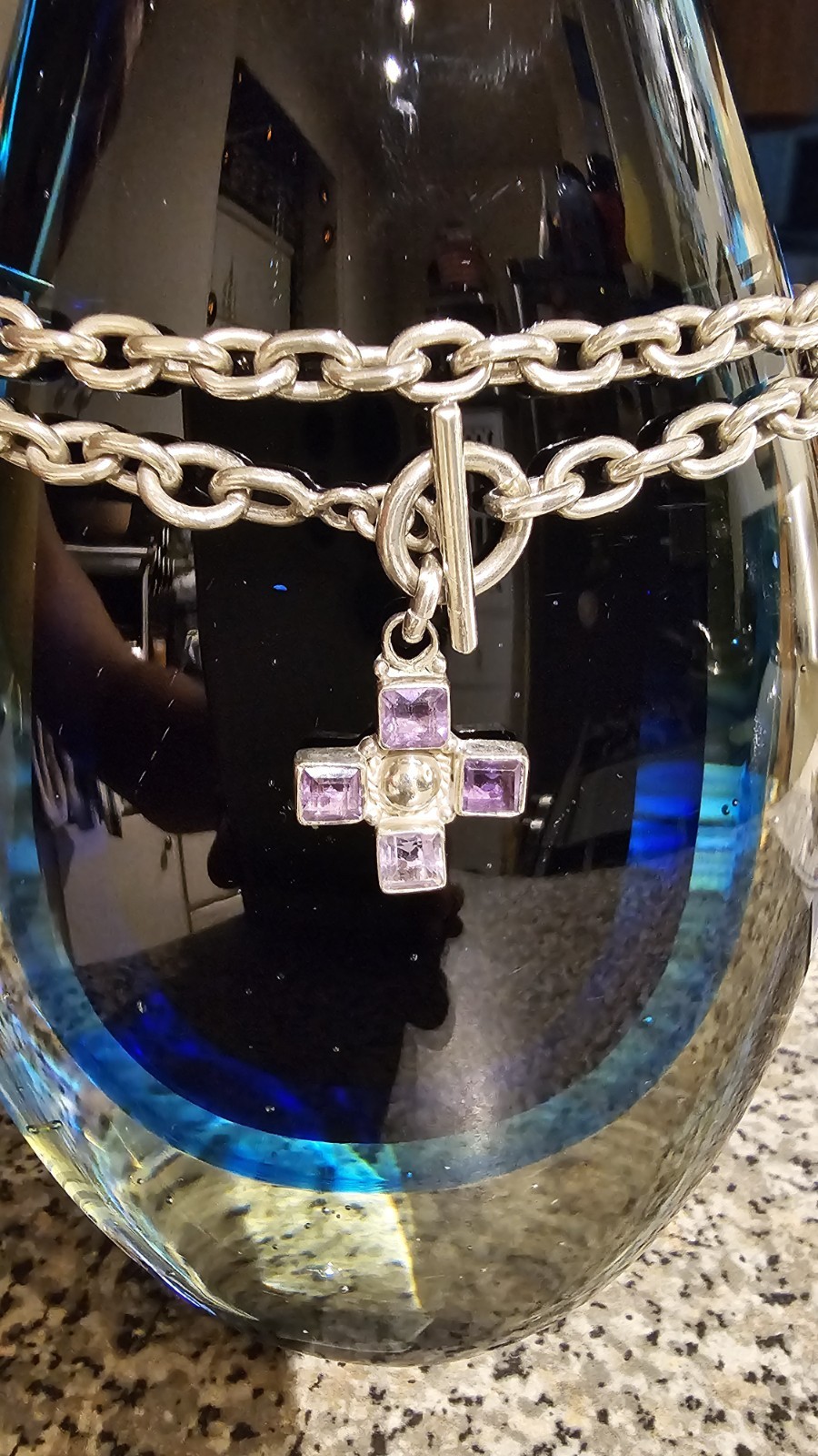 Vintage Solid Silver Chain Necklace Amethyst Cros… - image 1