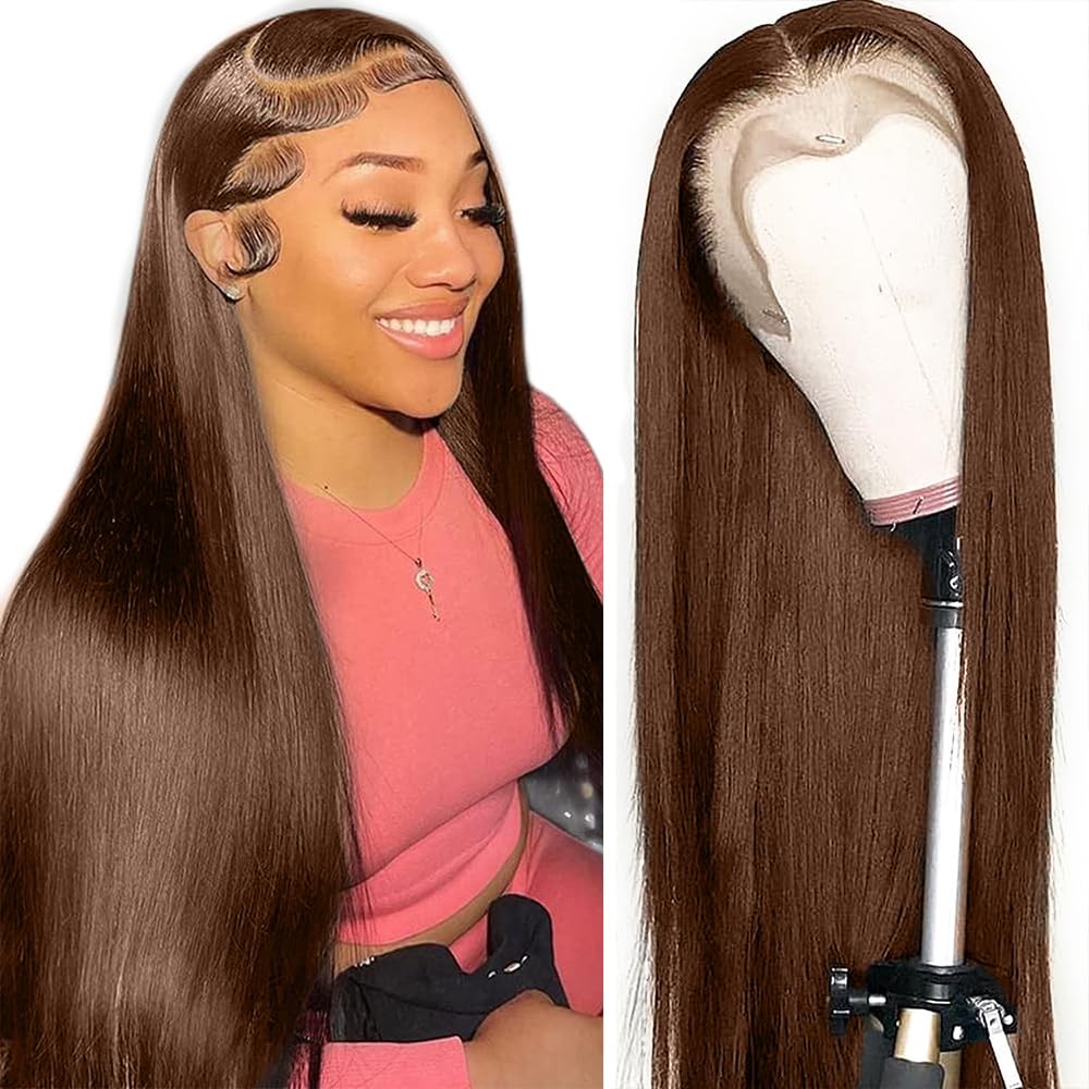 Human Hair Wig Lace Frontal Natural Brown 13x4 Chocolate Brown