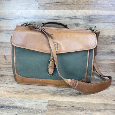 L.L. Bean Dowel Rod Canvas Green  Business Travel Briefcase Shoulder Leather Bag