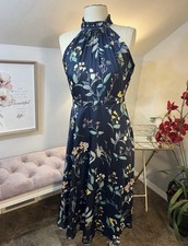 Banana Republic Floral Halter Midi Dress Navy Blue High Neck A-Line Size 8P