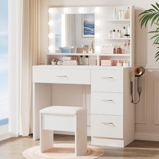 White Makeup Vanity Desk W/ Charging Station & 4 Drawers 10 LED Bulbs HD Mirror