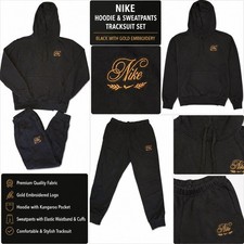 Nike Mens Black Gold Script Embroidery Hoodie and Joggers Tracksuit Set Large