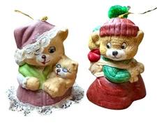 Vintage Jasco Caring Critter Bisque Porcelain Bears And Cubs Christmas Ornaments
