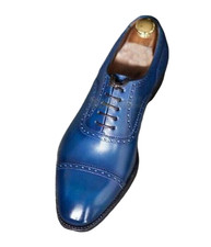 Handmade Oxford Lace Up Genuine Blue Leather Cap Toe Dress Office Shoes For Men
