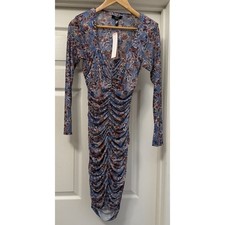 AQUA Mini Dress Women Medium Blue Floral Mesh Ruched V-Neck Long Sleeve IDL10431