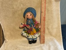 Vtg Holly Hobbie Rag doll 9 tall with tan yarn hair braided and her blue outfit