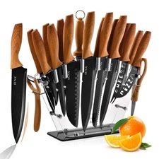 Knife Block Set, 19 PCS Kitchen Knife Set with Acrylic Block and Sharpener, G...