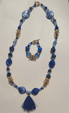 Blue  Gold Glass Beaded Jewelry Set - Round Glass Necklace and Bracelet
