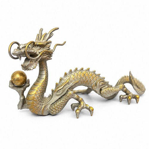 Vintage Chinese Dragon Figurine Holding Pearl Gold Silver Tone Metal Statue 9”