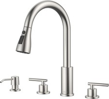 2 Handle Kitchen Faucet 3 Hole Kitchen Sink Faucet W/ Soap Dispenser High Arc