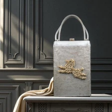 1950's Wilardy Lucite Pearlized Grey Purse Handbag Faux Pearl Rhinestone Poodle