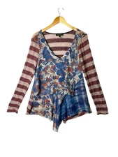 POEME CITRON Santa Monica L Mixed Media Top Contrast Fabric Red Striped Large