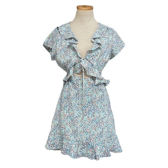 Lush NWT Dress Women's S Small Blue Red Floral Wrap Cut Out Tie Back Ruffles