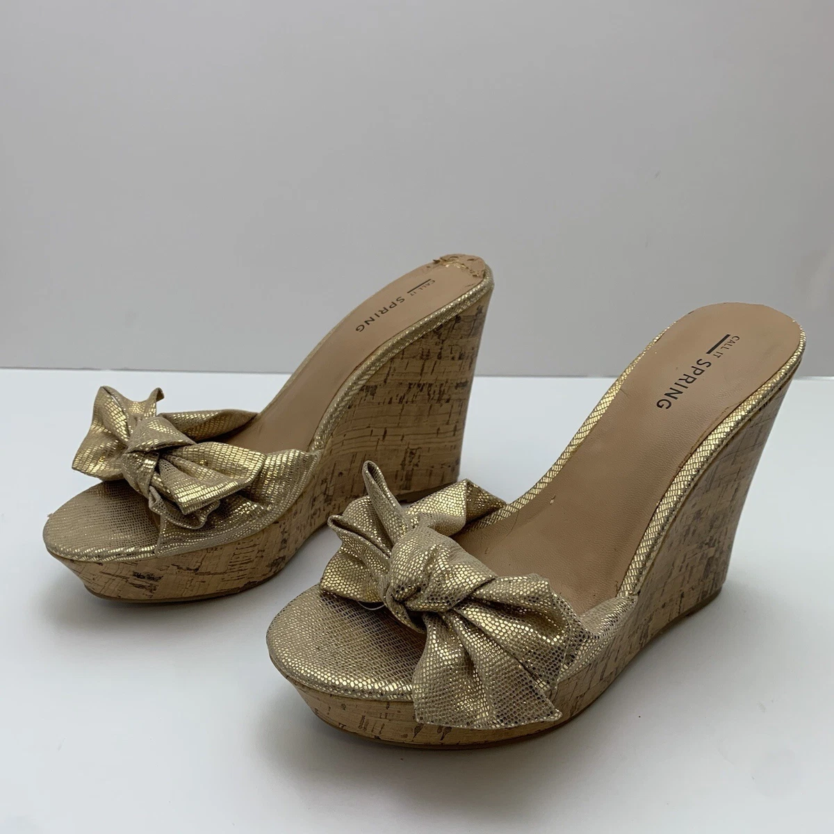 Call It Spring Gold Tie Wedge Sandals Size 7 eBay