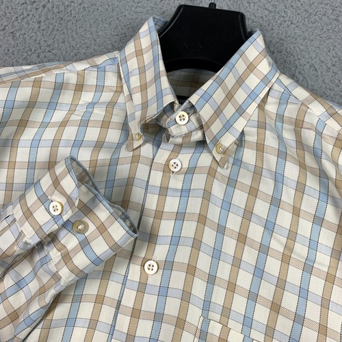 Gitman Bros, Vintage Gitman Brothers Shirt Men's Medium Cream/Tan/Blue Plaid Check USA Made