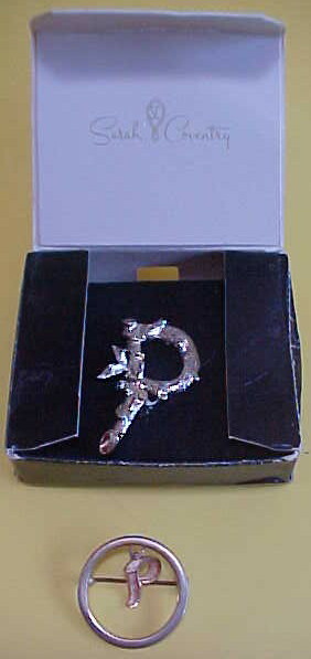 Signed Sarah Coventry Gold Tone Initial Letter P Pin Brooch Bamboo Vine